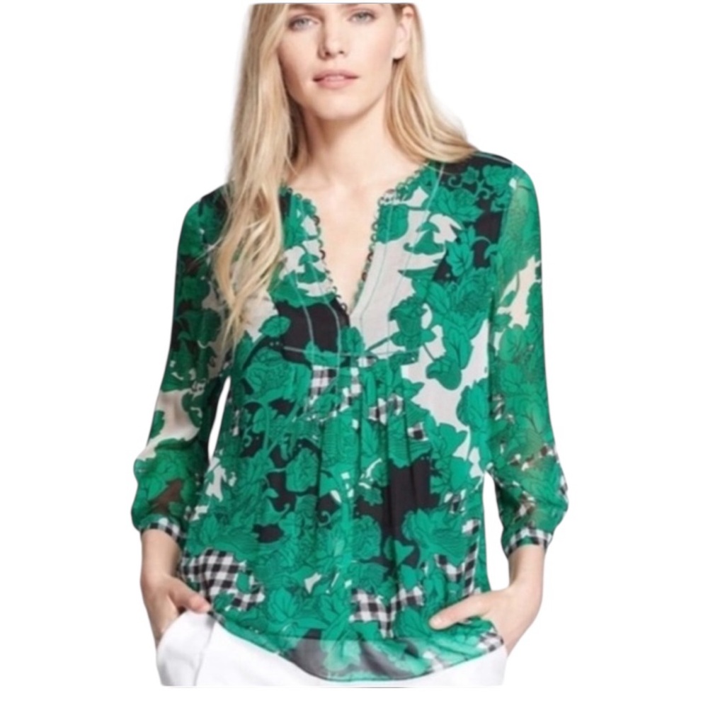 DIANE VON FURSTENBERG CAMDEN SILK LONG PUFF SLEEVE GREEN BLACK WHITE BLOUSE